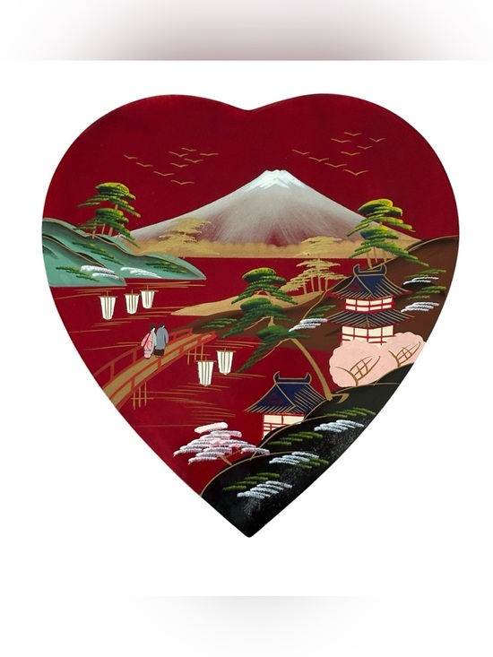 None Other - Vintage Japanese Lacquerware Trinket Mount Fuji Heart Shaped Box 50s 60s